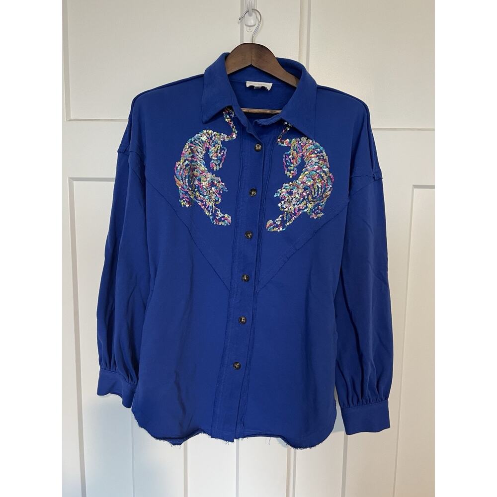 Fantastic Fawn Sequin Tiger Oversized Button Up Size Small Festival Artsy Boho
